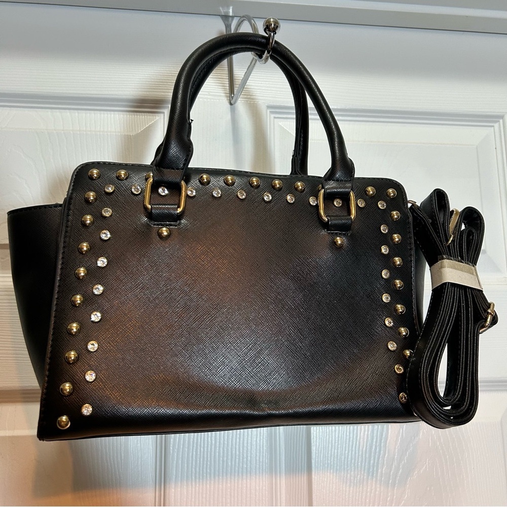Yoki Faux Leather Black and Gold Studded Satchel Purse